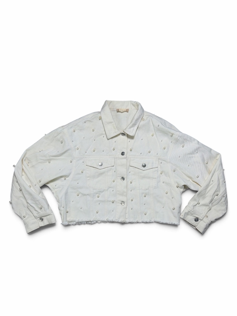 Altar’d State L Ivory Pearl Embellished Cropped Denim Jacket Raw Hem